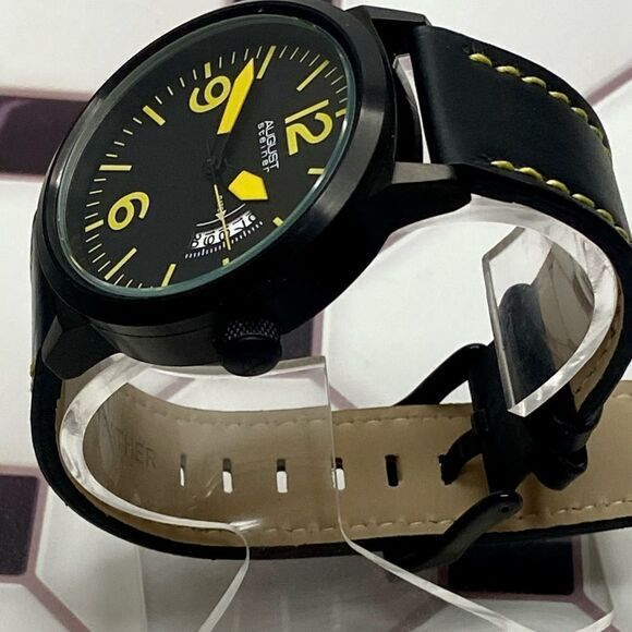 August Steiner Bold Black & Yellow Watch Leather Strap Contrast Stitching - Picture 6 of 16